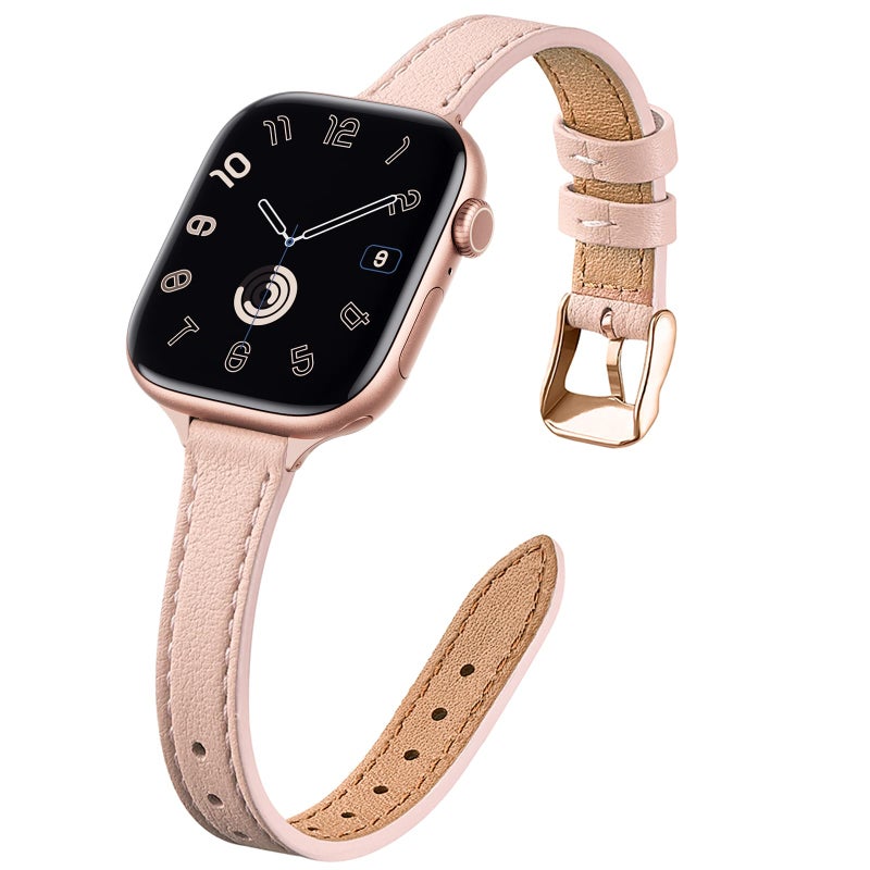STIROLL Slim Leather Bands Compatible with Apple Watch Band 38mm 40mm 42mm 44mm, Top Grain Leather Watch Thin Wristband for iWatch SE Series 6/5/4/3/2/1 (Pale pink with Rose Gold, 38mm/40mm) - Image 1